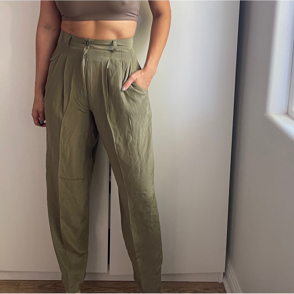 Express Olive Green High-Waist Pleated Trousers